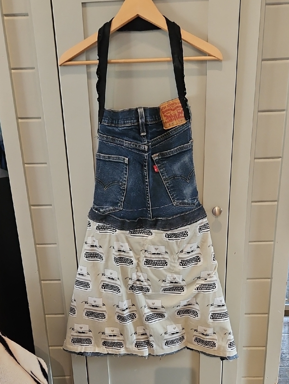 Hand Crafted BY ME Denim and Typewriter Print Reverse Horsey Apron